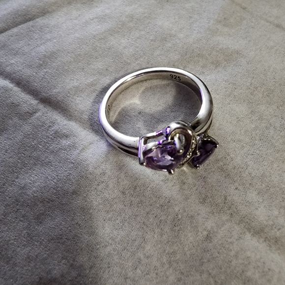 Sterling Silver 5 & 6 MM Double Heart Amathyst And Diamond Ring Size 6 - Picture 5 of 5